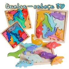 Quebra‑Cabeça 3D Montessori de Madeira, Brinquedo Educativo com Animais e Dinos de Crianças com Formas e Animais