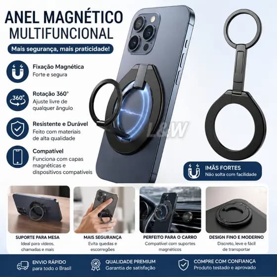 Anel Magnético Multifuncional para Celular Suporte de Mesa Dobrável e Portátil Premium