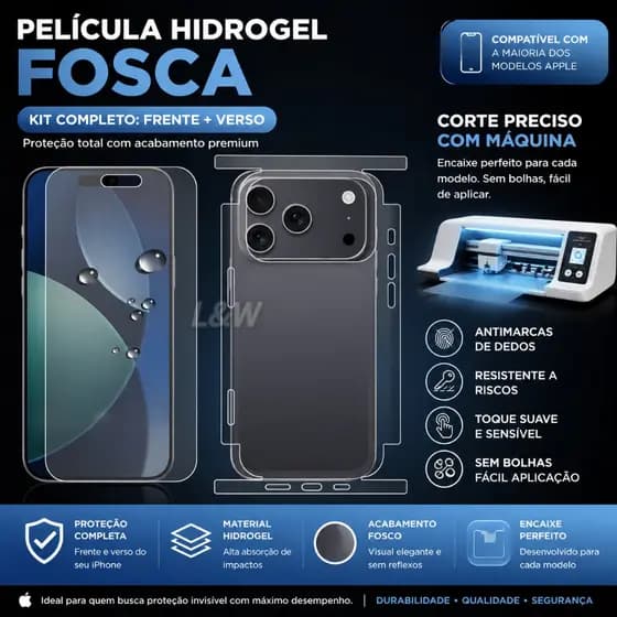 Kit Frente e Traseira Película Hidrogel Universal HD/Matte(Fosca) para series de iPhone 7/8/X/XS/XR/11/12/13/14/15/16/17
