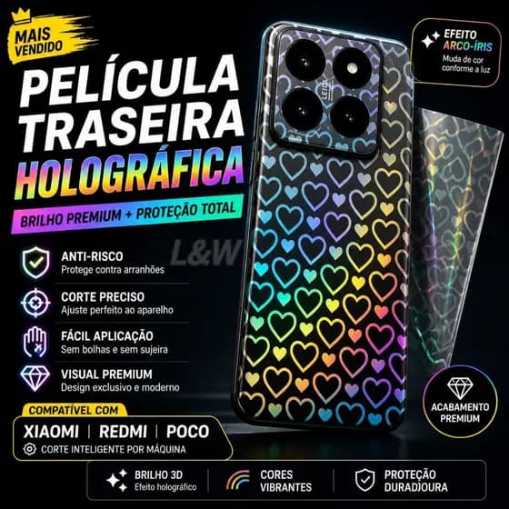 Película Traseira de cor Holográfica Para Todos Modelos de Xiaomi, Redmi, Poco - Vários Desenhos