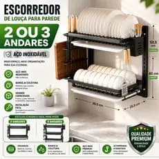 Escorredor de Louça para Parede 2 ou 3 Andares em Aço Inox com Suporte para Talheres