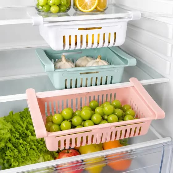 Cesto Organizador Moderno Mesa Geladeira Retrátil Ajustável Gaveta Multiuso Frutas Legumes e Alimentos