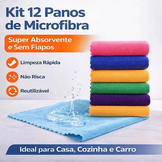 Kit 12 Panos de Microfibra | Super Absorventes, Sem Pelos, Ideais para Casa, Cozinha e Carro