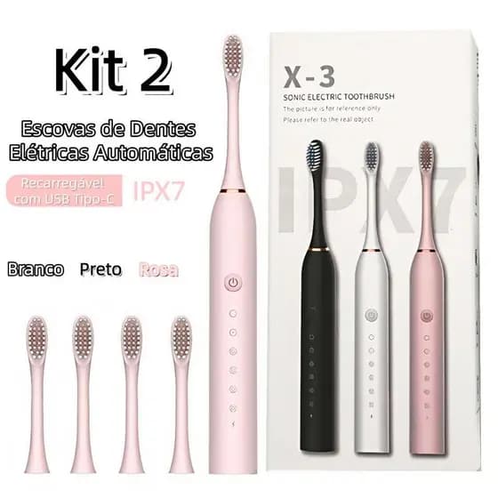 Kit 2 Escova Elétrica Recarregável Type-C | IPX7, Cerdas Macias, Limpeza Profunda para Adulto e Criança