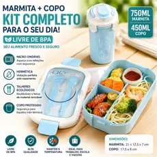 Marmita Hermética 750ML + Copo 450ML Anti Vazamento para Trabalho Escola e Viagem