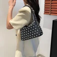 Bolsa de ombro feminina, com decoração de rebites, couro PU, elegante, estilo grunge, estilo rock street, casual, modelo