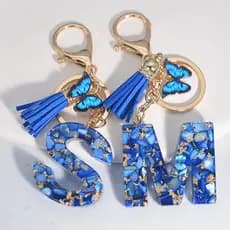 A-Z Resina Recheada Com Lantejoulas De 26Letter Keychain Fashion Blue Tassel Butterfly Pendant Anel Chaveiro Para Mulher