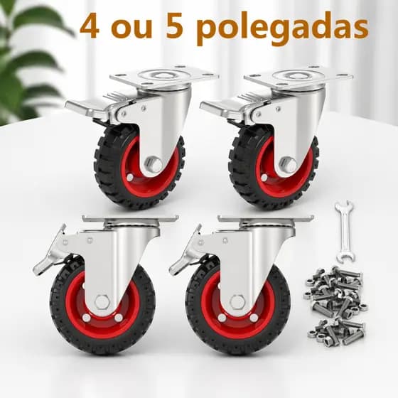 Kit 4 Rodízio Rodinha para Móveis Pesados Rodas Giratórias Borracha Com Trava Freio Giratório 600kg