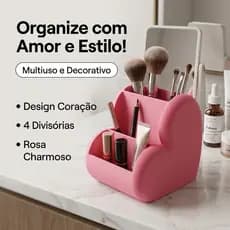 Porta Pincel Coração Rosa 4 Divisórias Organizador Maquiagem Canetas Lápis Mesa Portátil