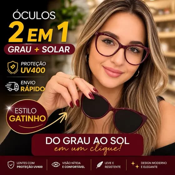 Óculos Gatinho 2 em 1 Feminino Grau + Solar Clip on Polarizado Leve Moderno