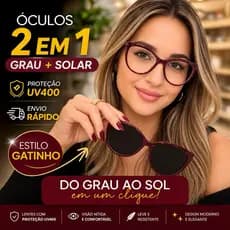 Óculos Gatinho 2 em 1 Feminino Grau + Solar Clip on Polarizado Leve Moderno