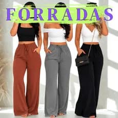 Calça Pantalona FORRADA DUNA Cintura Alta Feminina Com Bolso e Laço