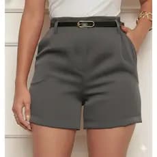Short Alfaiataria Feminino Social Casual com Cinto Cintura Alta com Ziper Lateral e Bolso