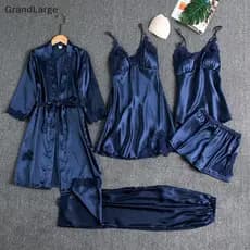 [GrandLarge] Conjunto de Pijama Feminino de Seda com 5 Peças, Roupão de Cetim com Renda e Camisola de Alcinha com Decote