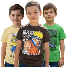 Kit 5 Camisetas Infantil Masculina Manga Curta 100% Algodão Personagens Menino 2 à 8 Anos
