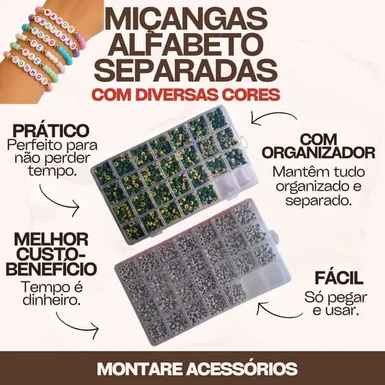 Kit Miçangas Letras do Alfabeto Separadas + Organizador 1300/650 780 Missangas Artesanato Bijuterias Pulseira Colar