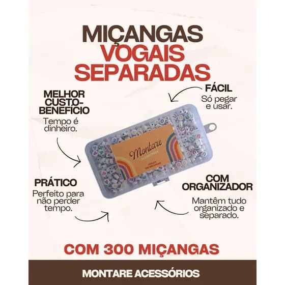Miçanga de Letra Vogais Separadas Com Organizador 300 Missangas Separadas Colar Pulseira Chaveiro