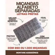 Miçangas de Letras Alfabeto PRETA Separadas em Organizador | Kit para Personalizados 1300/650 Missangas Pulseiras
