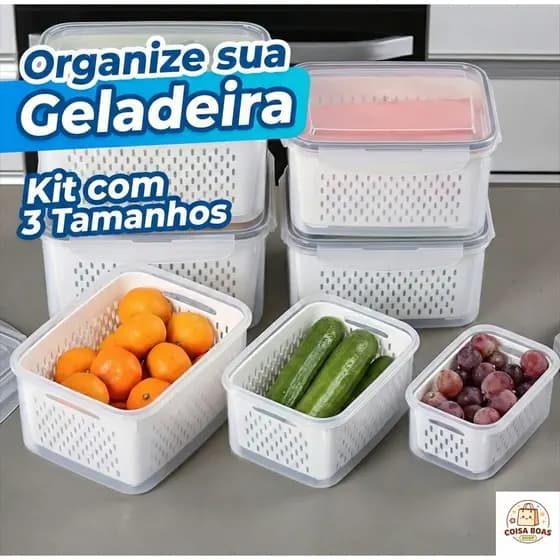 Kit Pote Hermético Organizador De Geladeira Com Cesto Escorredor Para Frutas E Legumes Acrílico