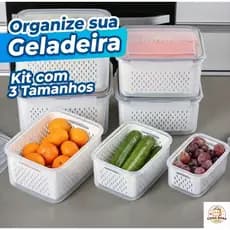 Kit Pote Hermético Organizador De Geladeira Com Cesto Escorredor Para Frutas E Legumes Acrílico