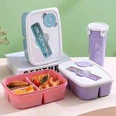 Kit Marmita Lancheira Bento Box 950ml Garrafa 480ml com Divisórias Talheres e Garrafa Escolar