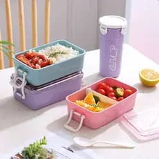 Kit Marmita Divisória Lunch Box Com Garrafa 800ML+480ML Para Lanche Escolar Hermética Multiuso Piquenique Lancheira Kids