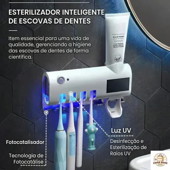Porta Escova de Dente Dispenser Pasta Automático Esterilizador UV