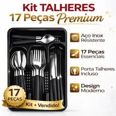 Kit Talheres 17 Peças Inox com Porta Talher Organizador | Colher Garfo Faca Mesa Completo Cozinha
