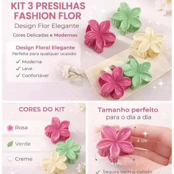 Kit 3 Presilhas de Cabelo Fashion Feminina – Presilha Garra Elegante Cores Delicadas Verde Rosa Creme
