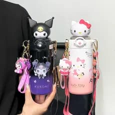 Copo Térmico Kuromi de Alto Valor RNJ7 para Estudantes Femininas, Copo Duplo com Canudo, Garrafa de Água Infantil 3058