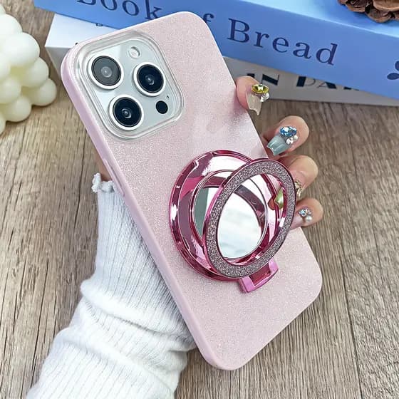 Capinha Capa Kit Pequeno Espelho Suporte Para IPhone XR 13 11 12 14 15 16 17 Normal Pro Max Luxo Glitter Caso De Telefon