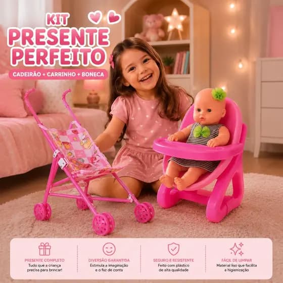 Carrinho Cadeirao Boneca Bebe Dodoi Papinha Dobrável Brinquedo Menina Reborn Presente Recem Nascido