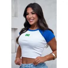 Cropped Brasil Feminino Baby Look Manga Curta Justo Bandeira Moda promoção 2026 top