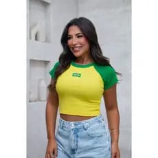 Cropped Brasil Feminino Baby Look Manga Curta Justo Bandeira Moda Copa Promo 2026
