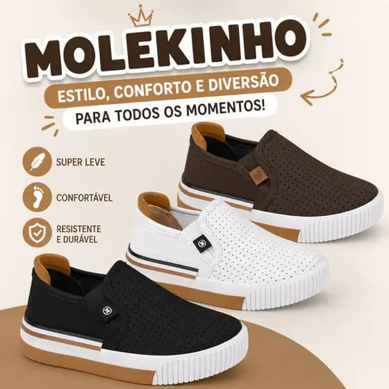 Sapatênis Infantil Molekinho Original Menino Slip On Casual Confortável Leve Antiderrapante Dia a Dia Escolar