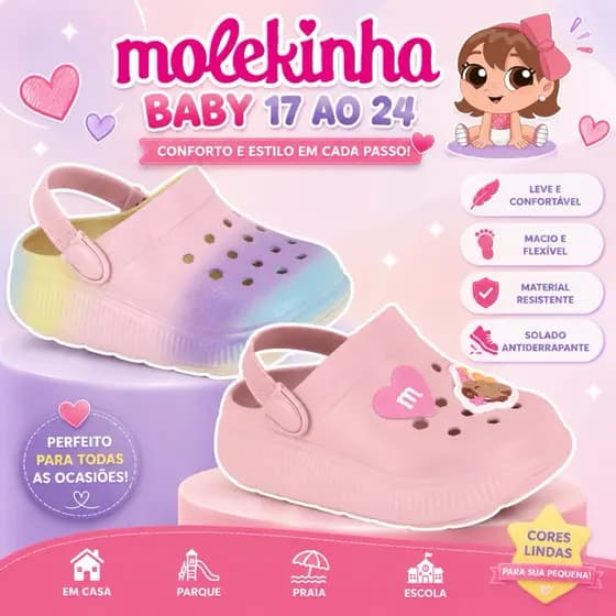 Babuche Molekinha Baby Original Infantil Menina Calce Fácil Confortável Leve Antiderrapante Casual Moda Bebê 17 ao 24