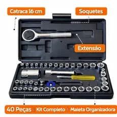 Kit Chave Catraca 40 Peças – Kit Chave Soquete e Acessórios – Ferramenta Manual