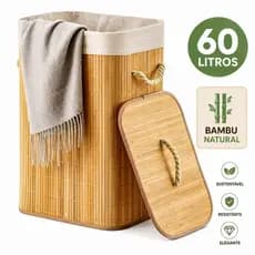 Cesto de Roupa Suja de Bambu Dobravel 60L com Tampa e Forro Removível Organizador para Lavanderia Banheiro Quarto Closet