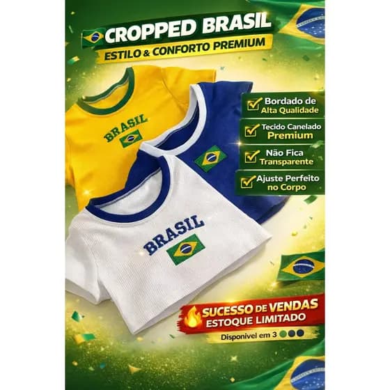 Cropped Camiseta Brasil Feminino Premium Bordado | Tecido Canelado Não Transparente | Ajuste Perfeito