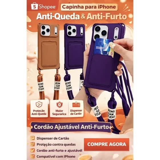 Capinha iphone 12/13/15 normal 15/16/17 Pro Max anti-queda anti-furto/cordão ajustável/porta cartão