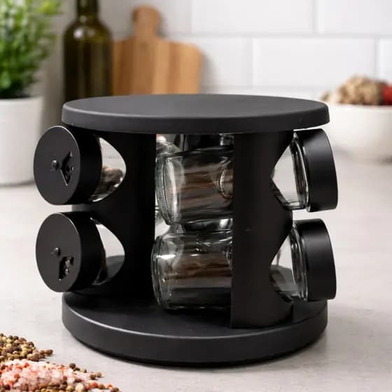 Porta Condimentos Giratório 360° com 6 Potes de Vidro – Organizador de Temperos Cozinha Preto