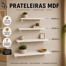 PRATELEIRA MDF 60x20 70x20 80x20 90x20 parede branca organizadora cozinha quarto sala escritório madeirar livros estante