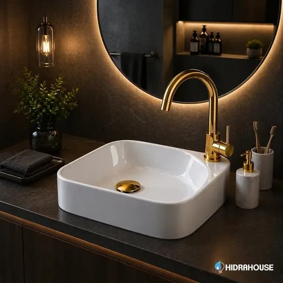 Cuba de Apoio Hidrahouse Tokio 35x28 em Mármore Sintético + Válvula Click Dourada | Design Moderno para Banheiro