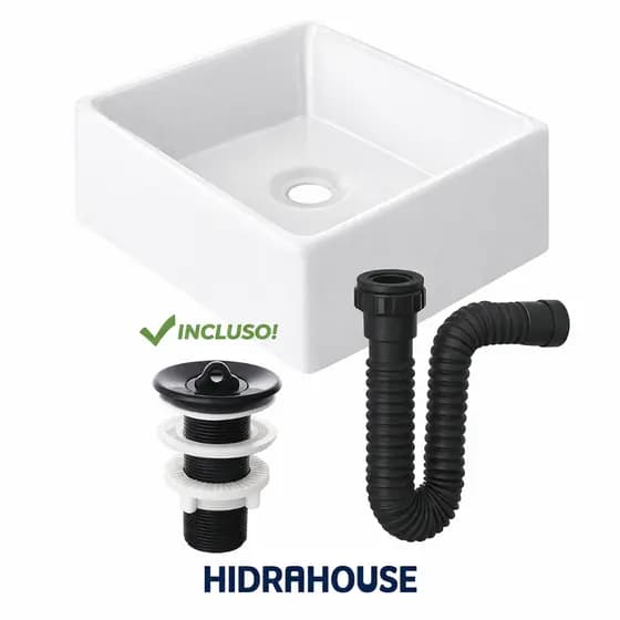 Cuba Pia de Apoio Quadrada  + Válvula + Sifão Kit Completo HidraHouse  Londres Luxo Banheiro