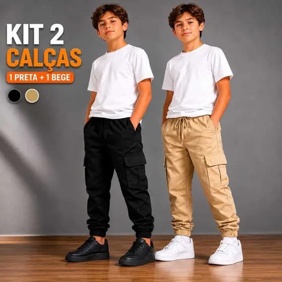 Kit 2 Calça Cargo Jogger Infantil Juvenil Street Premium Bege Caqui Preto Algodão Ótima Qualidade 10 ao 16
