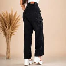 Calça Cargo Feminina Preta Jeans Original Wide Leg Cintura Alta 38 Ao 46