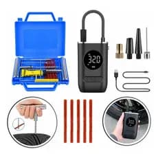 Kit Remendo Macarrão Reparo Pneu Mini Compressor Carro Moto Calibrador Ar Portátil Digital