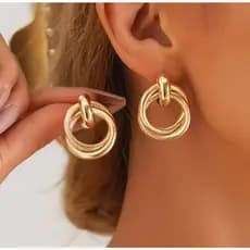 Brinco Redondo Dourado Trançado Luxo Moda Feminina