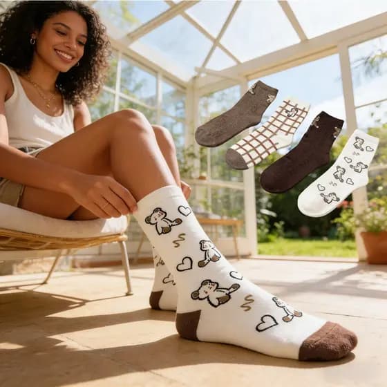 Kit 3-6-9-12 Pares de Meias Femininas Estampado Ursinho Confortável - Tamanho Único