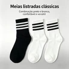 Kit 5/10 Pares Meias Listradas 3 Listras Cano Médio Masculina Unissex Algodão